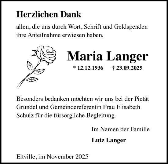 Traueranzeige von Maria Langer von Wiesbadener Kurier