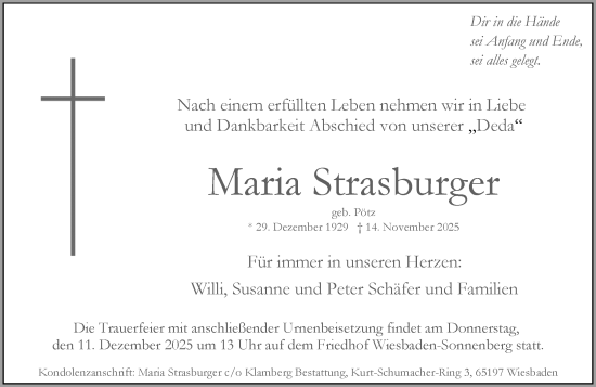 Traueranzeige von Maria Strasburger von Wiesbadener Kurier