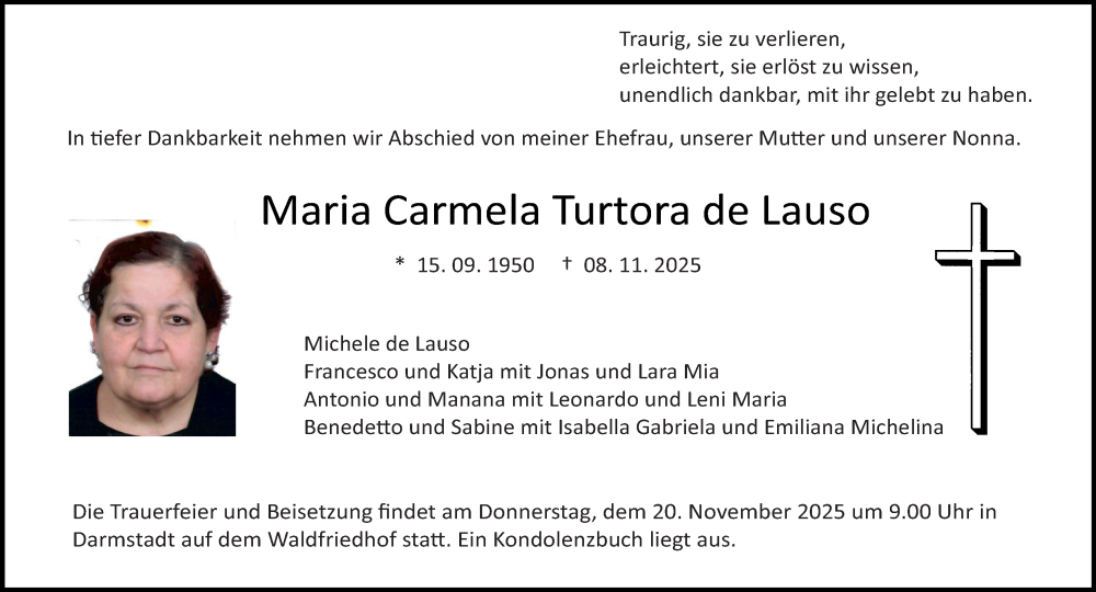  Traueranzeige für Maria Carmela Turtora de Lauso vom 15.11.2025 aus Darmstädter Echo