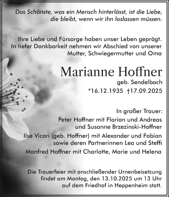 Traueranzeige von Marianne Hoffner von Starkenburger Echo