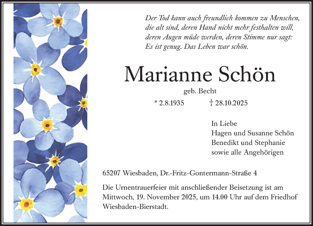  Traueranzeige für Marianne Schön vom 08.11.2025 aus Wiesbadener Kurier