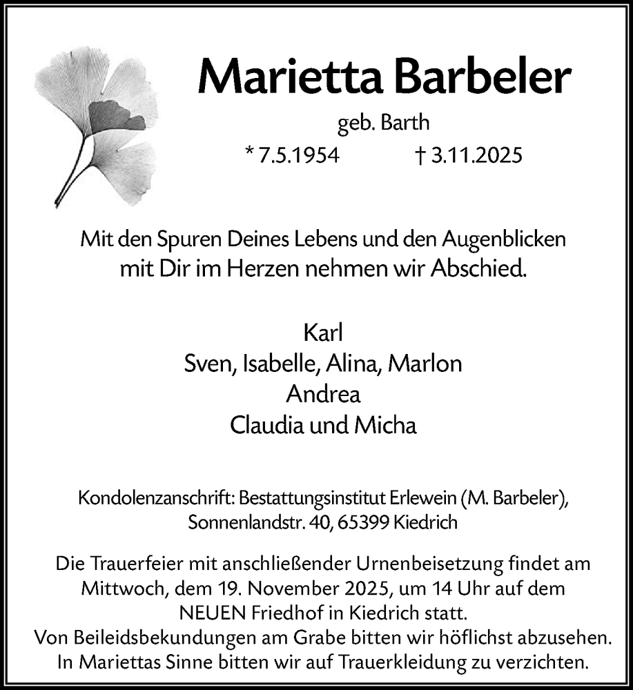  Traueranzeige für Marietta Barbeler vom 08.11.2025 aus Rheingau Kurier