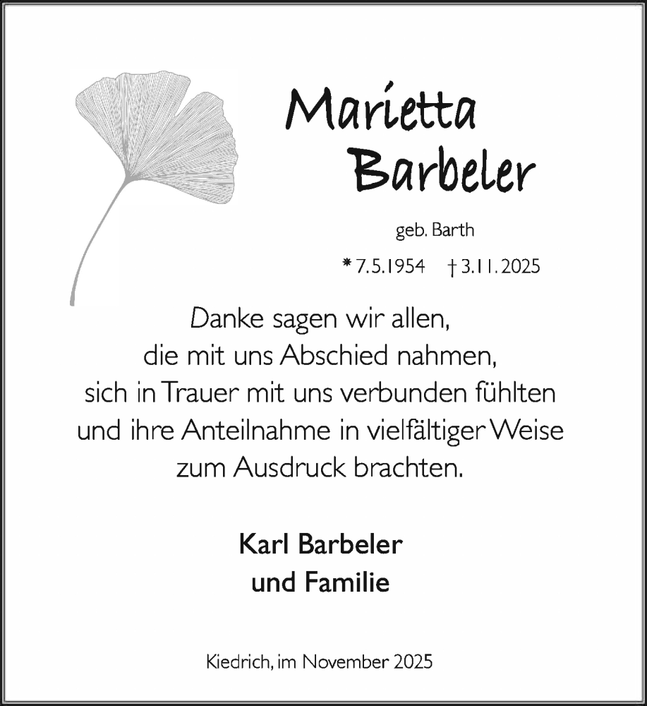  Traueranzeige für Marietta Barbeler vom 29.11.2025 aus Rheingau Kurier