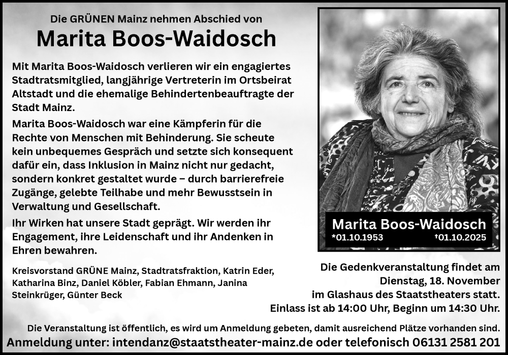  Traueranzeige für Marita Boos-Waidosch vom 08.11.2025 aus Allgemeine Zeitung Mainz