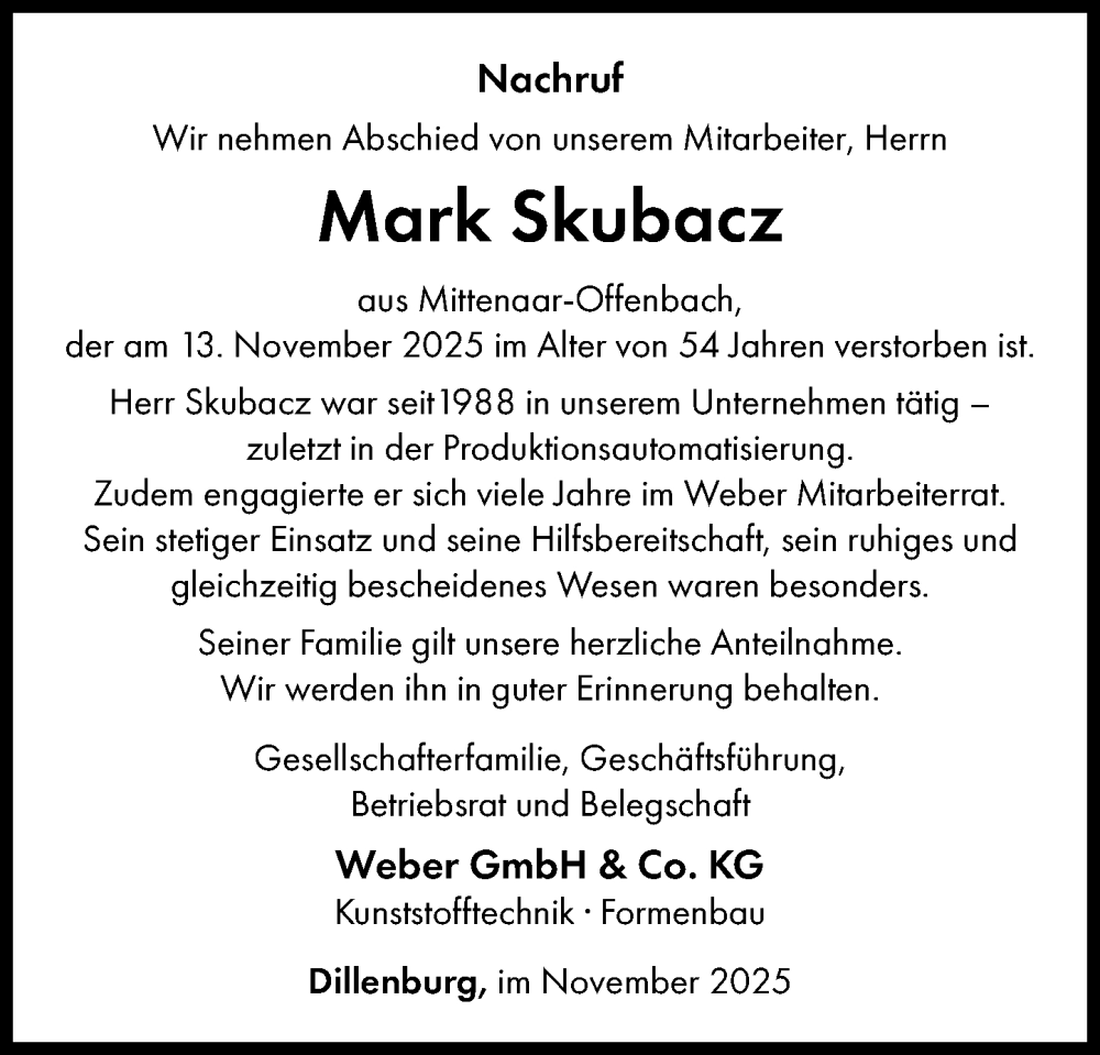  Traueranzeige für Mark Skubacz vom 26.11.2025 aus Dill Block