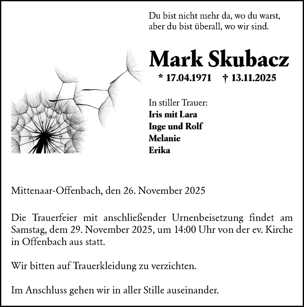  Traueranzeige für Mark Skubacz vom 26.11.2025 aus Dill Block