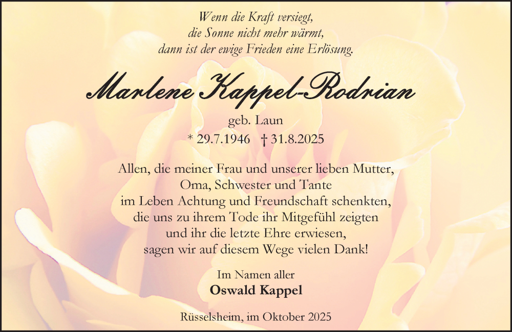  Traueranzeige für Marlene Kappel Rodrian vom 11.10.2025 aus Rüsselsheimer Echo