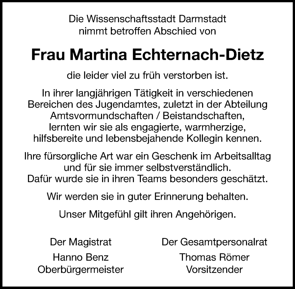  Traueranzeige für Martina Echternach-Dietz vom 11.10.2025 aus Darmstädter Echo