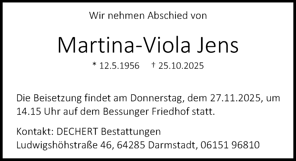  Traueranzeige für Martina-Viola Jens vom 22.11.2025 aus Darmstädter Echo
