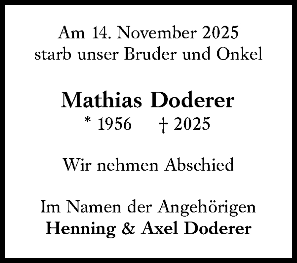  Traueranzeige für Mathias Doderer vom 22.11.2025 aus Idsteiner Land/Untertaunus