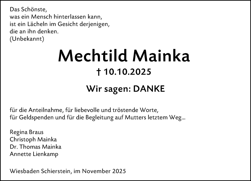  Traueranzeige für Mechtild Mainka vom 08.11.2025 aus Wiesbadener Kurier