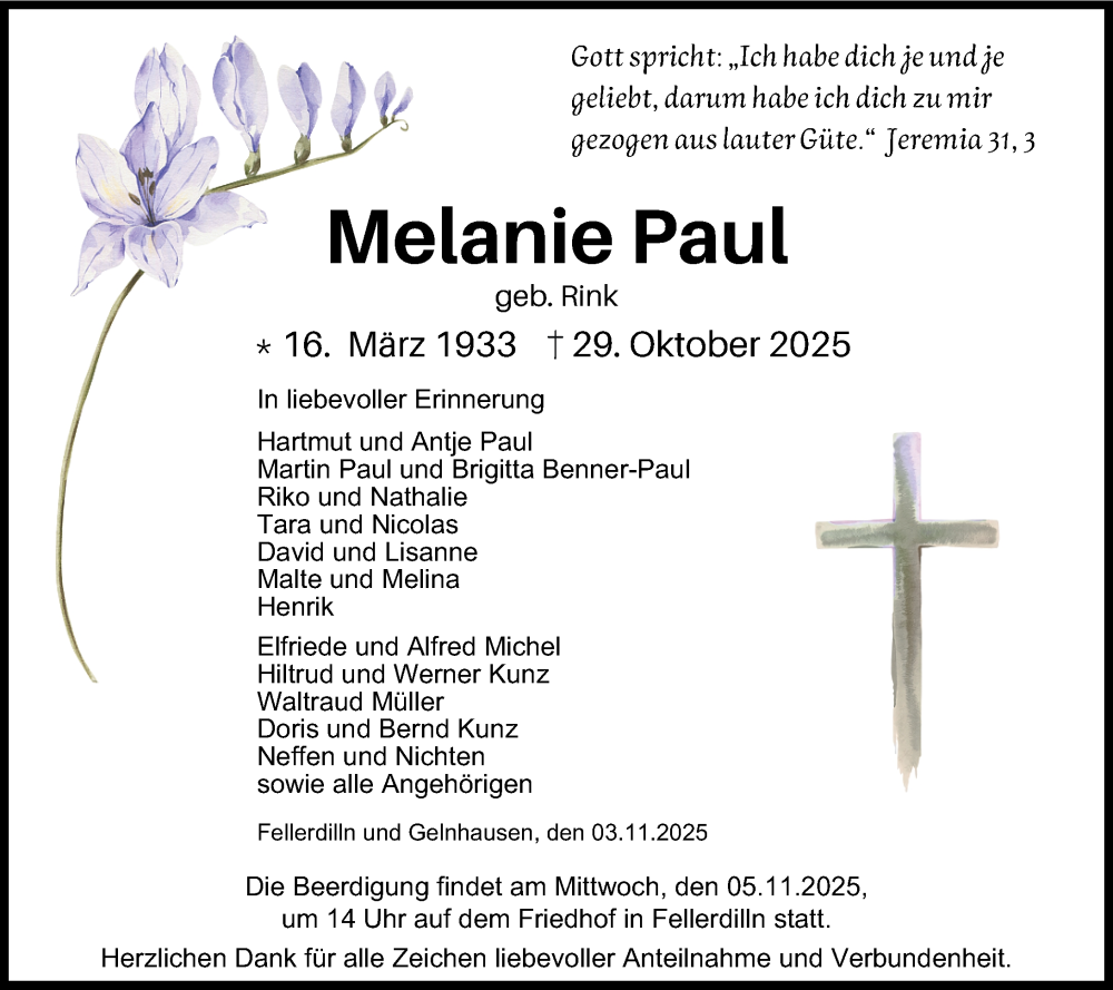  Traueranzeige für Melanie Paul vom 03.11.2025 aus Dill Block