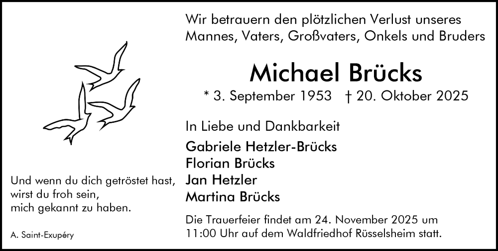  Traueranzeige für Michael Brücks vom 15.11.2025 aus Rüsselsheimer Echo