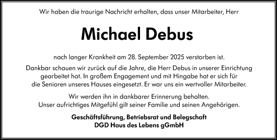 Traueranzeige von Michael Debus von Dill Block