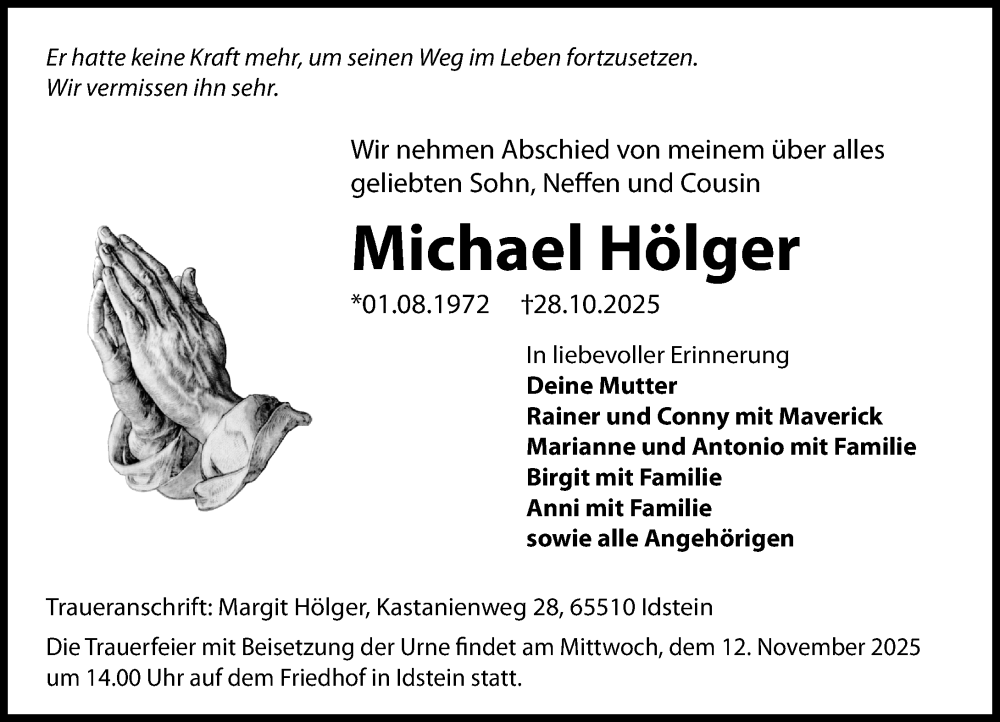  Traueranzeige für Michael Hölger vom 08.11.2025 aus Idsteiner Land/Untertaunus