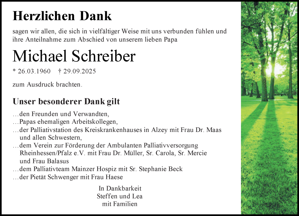  Traueranzeige für Michael Schreiber vom 08.11.2025 aus Allgemeine Zeitung Mainz