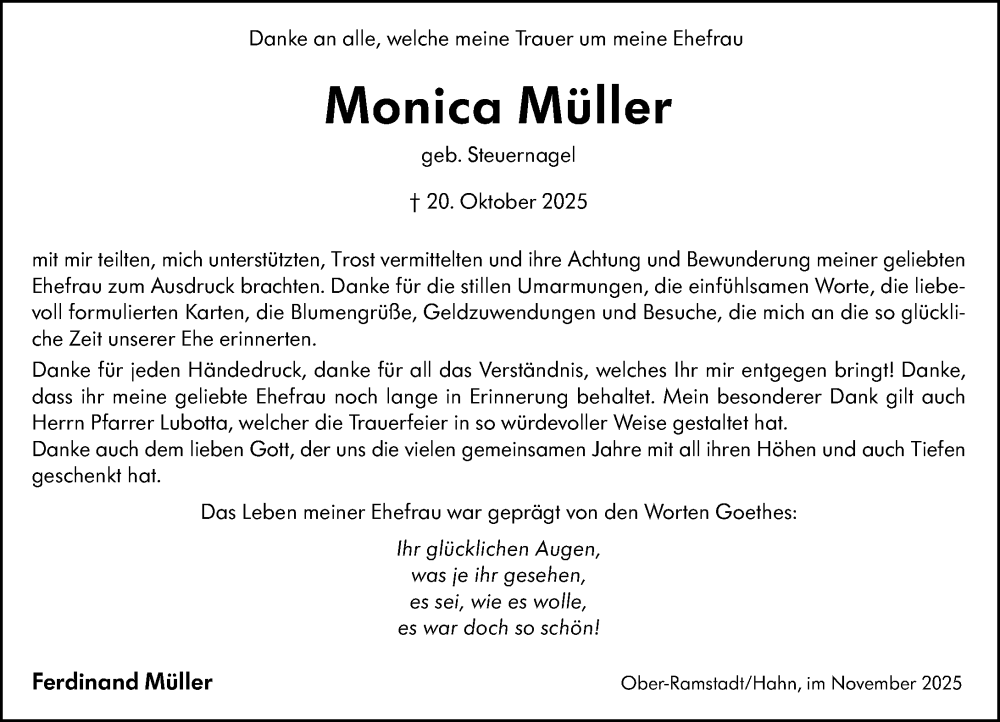  Traueranzeige für Monica Müller vom 15.11.2025 aus Darmstädter Echo