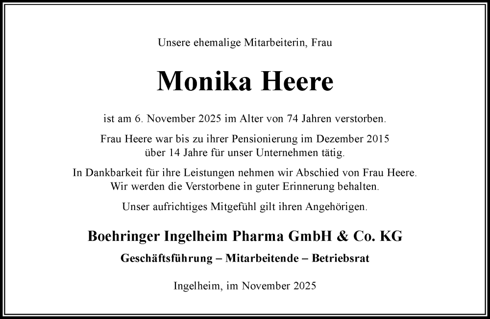  Traueranzeige für Monika Heere vom 19.11.2025 aus Allgemeine Zeitung Rheinhessen-Nahe