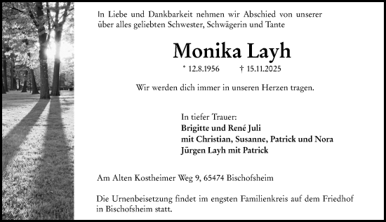 Traueranzeige von Monika Layh von Allgemeine Zeitung Mainz