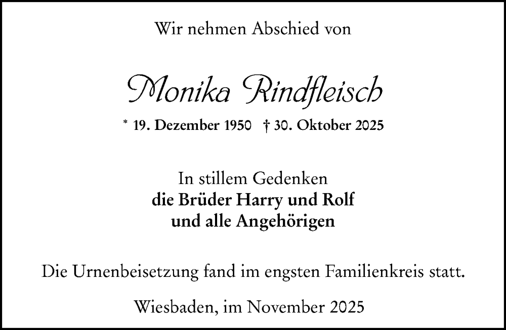  Traueranzeige für Monika Rindfleisch vom 29.11.2025 aus Wiesbadener Kurier