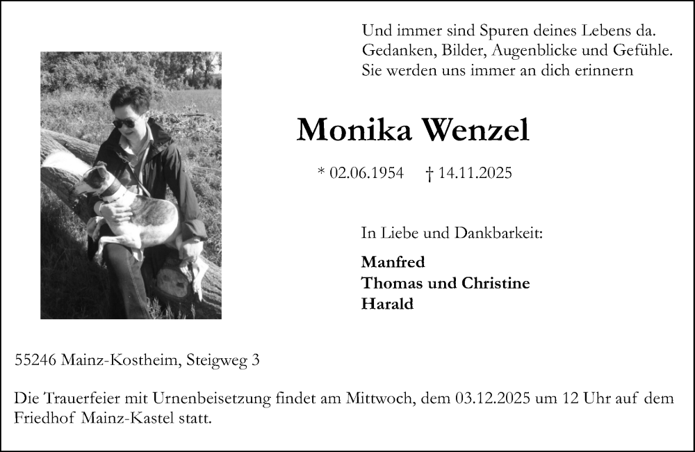  Traueranzeige für Monika Wenzel vom 28.11.2025 aus Hochheimer Zeitung