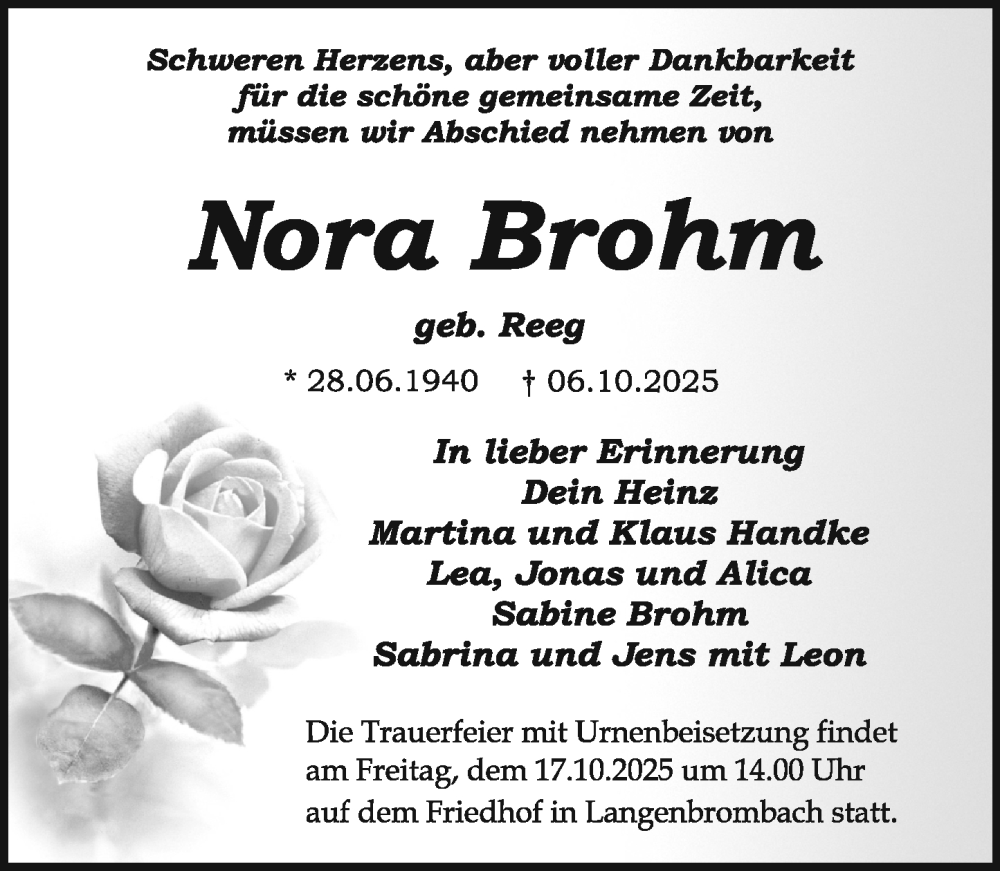  Traueranzeige für Nora Brohm vom 11.10.2025 aus Odenwälder Echo