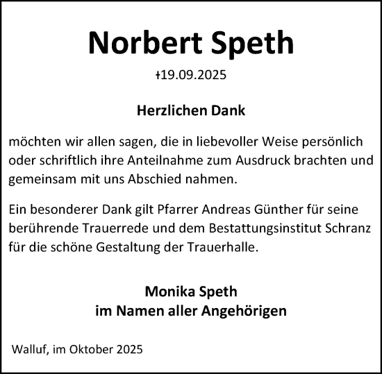Traueranzeige von Norbert Speth von Wiesbadener Kurier
