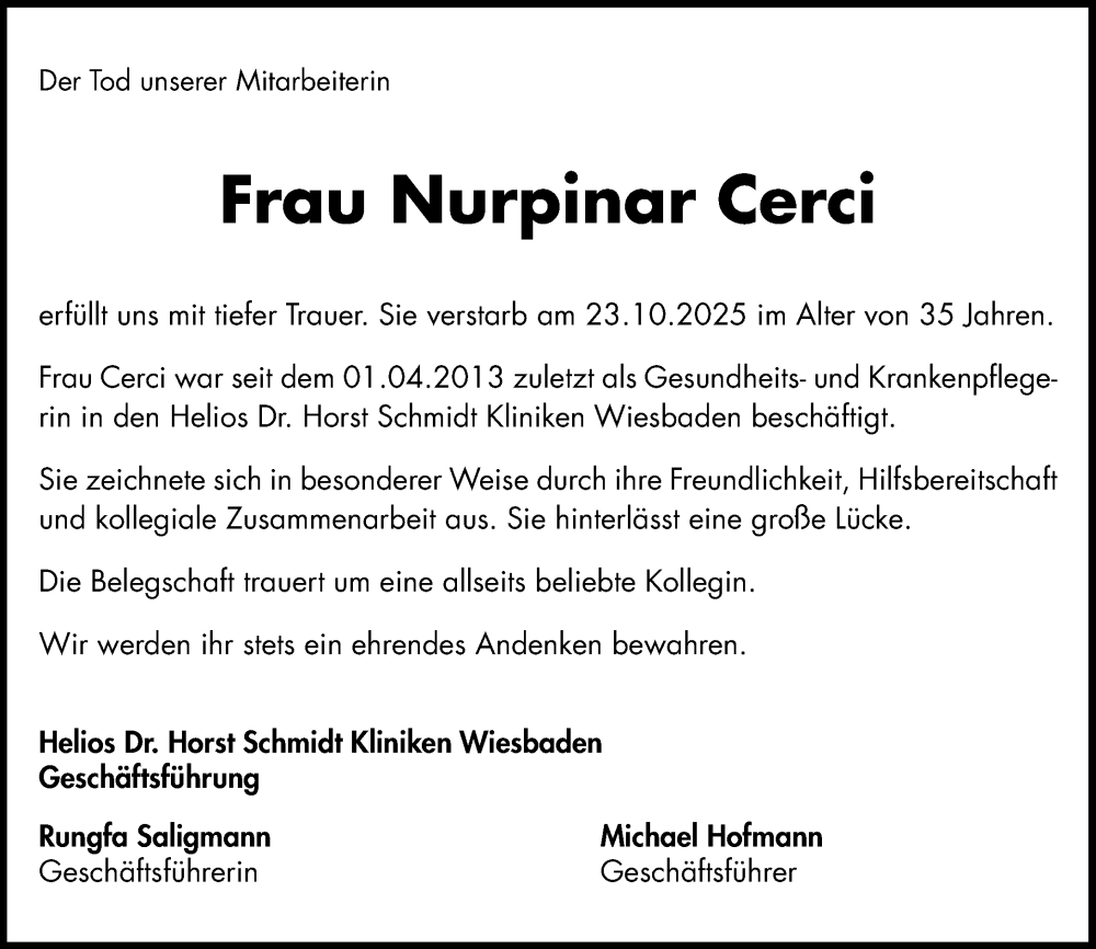  Traueranzeige für Nurpinar Cerci vom 08.11.2025 aus Wiesbadener Kurier