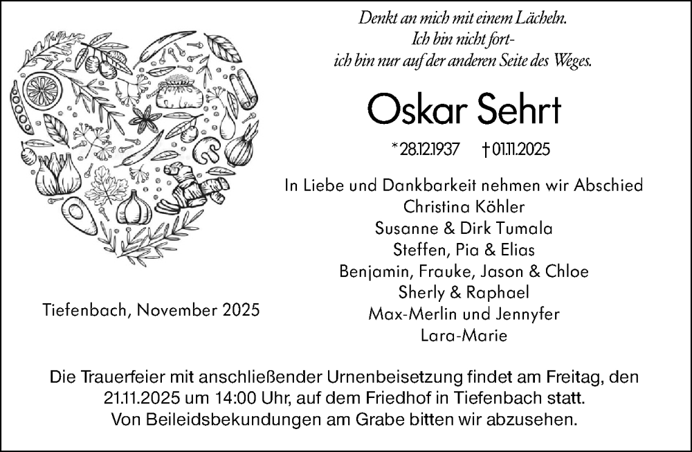  Traueranzeige für Oskar Sehrt vom 15.11.2025 aus Weilburger Tageblatt