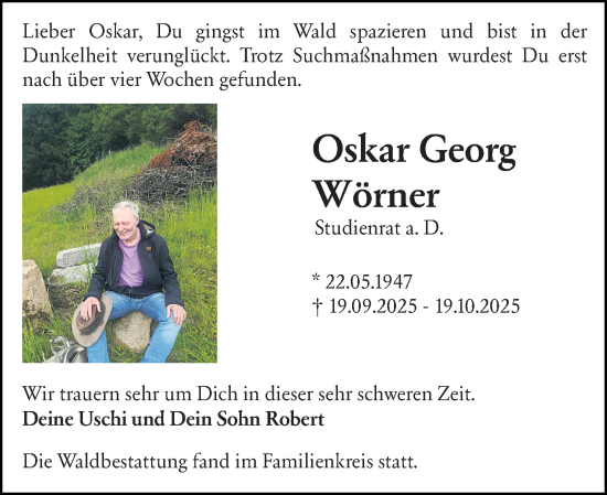 Traueranzeige von Oskar Georg Wörner von Starkenburger Echo