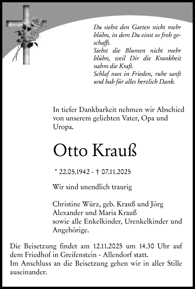  Traueranzeige für Otto Krauß vom 10.11.2025 aus Wetzlarer Neue Zeitung