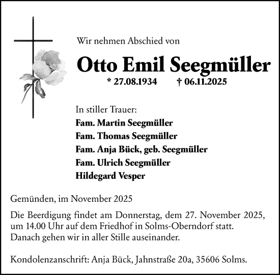 Traueranzeige von Otto Emil Seegmüller von Wetzlarer Neue Zeitung