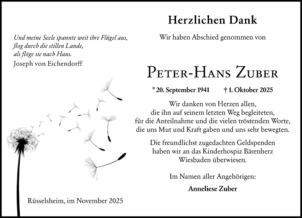  Traueranzeige für Peter-Hans Zuber vom 29.11.2025 aus Rüsselsheimer Echo