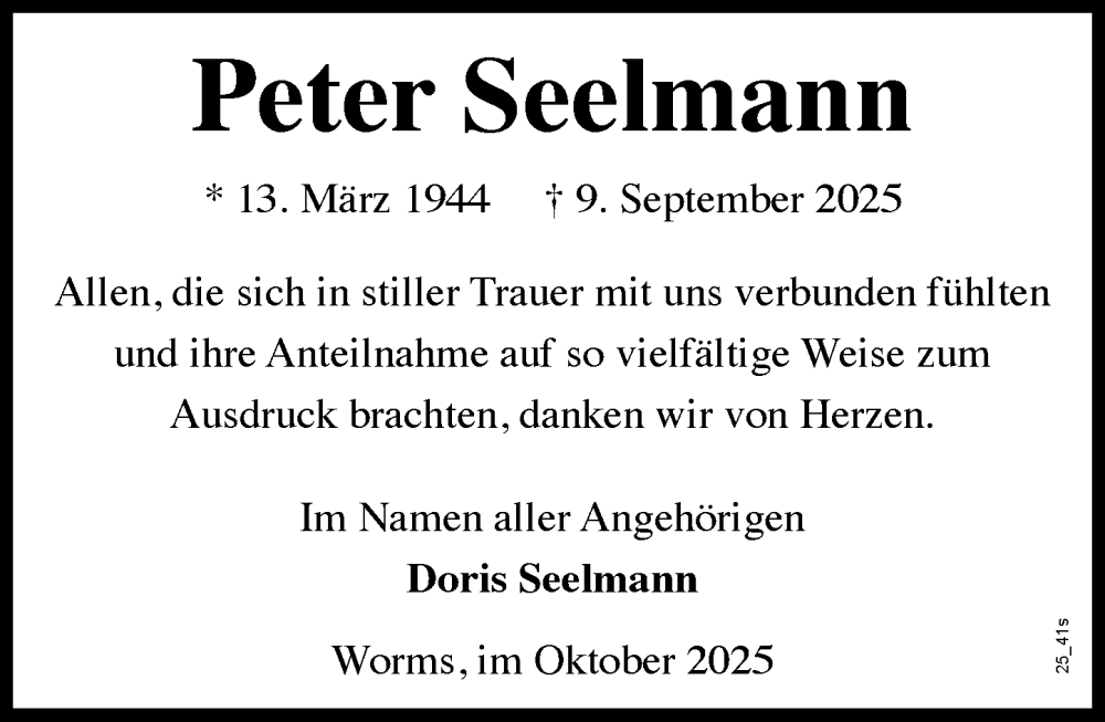  Traueranzeige für Peter Seelmann vom 11.10.2025 aus Wormser Zeitung