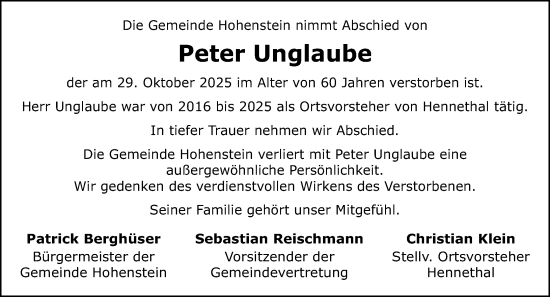 Traueranzeige von Peter Unglaube von Idsteiner Land/Untertaunus