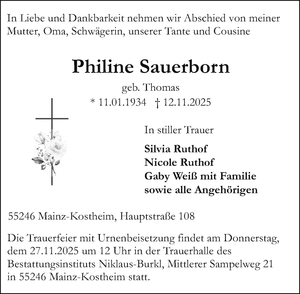  Traueranzeige für Philine Sauerborn vom 22.11.2025 aus Allgemeine Zeitung Mainz