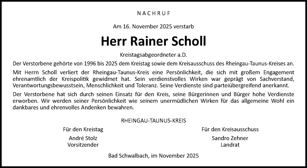  Traueranzeige für Rainer Scholl vom 26.11.2025 aus Idsteiner Land/Untertaunus