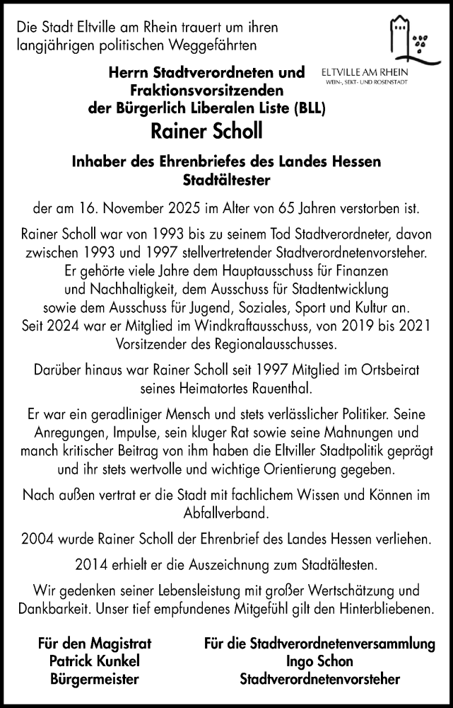  Traueranzeige für Rainer Scholl vom 22.11.2025 aus Rheingau Kurier