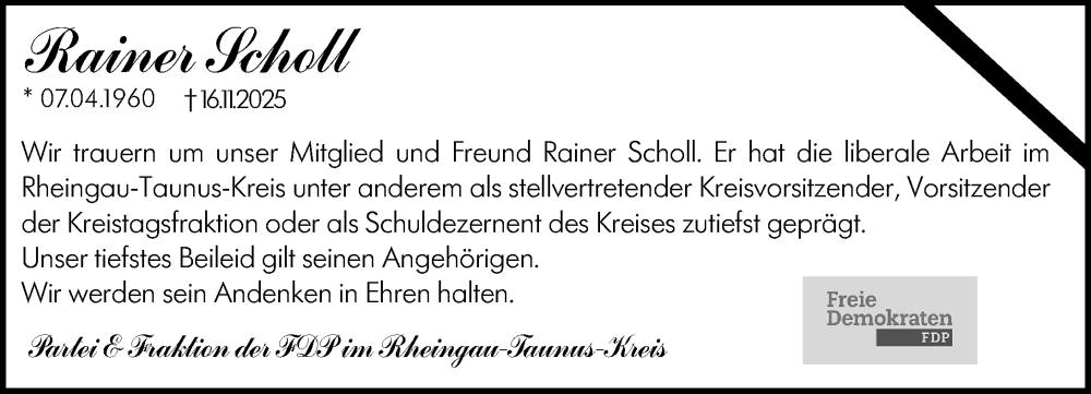  Traueranzeige für Rainer Scholl vom 25.11.2025 aus Idsteiner Land/Untertaunus