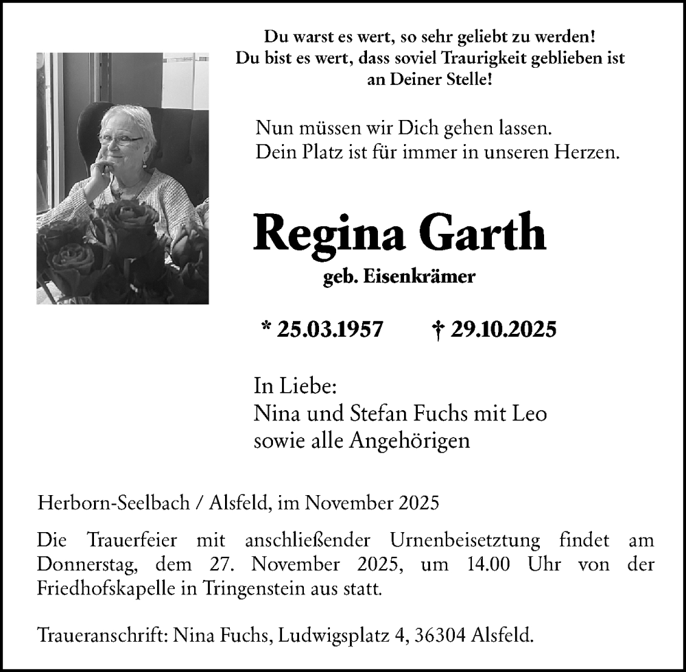  Traueranzeige für Regina Garth vom 22.11.2025 aus Dill Block