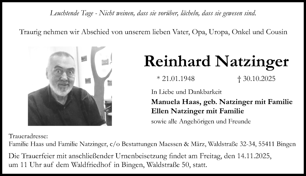  Traueranzeige für Reinhard Natzinger vom 08.11.2025 aus Allgemeine Zeitung Rheinhessen-Nahe