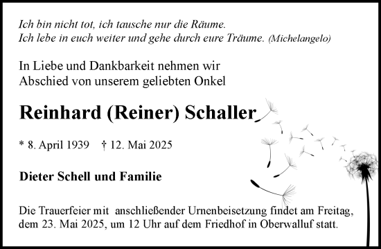 Traueranzeige von Reinhard Schaller von Rheingau Kurier