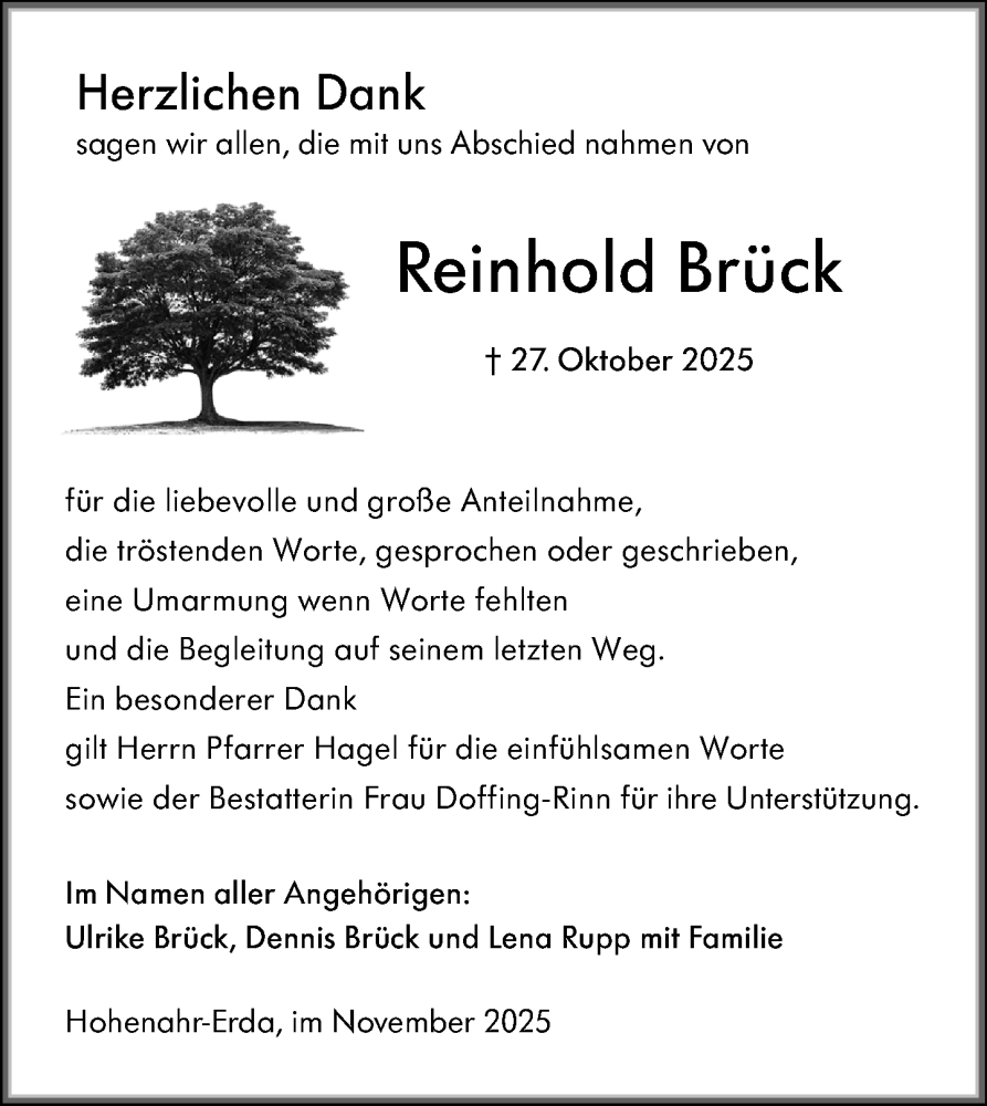  Traueranzeige für Reinhold Brück vom 22.11.2025 aus Wetzlarer Neue Zeitung