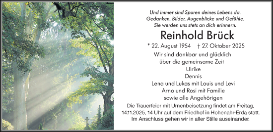 Traueranzeige von Reinhold Brück von Wetzlarer Neue Zeitung