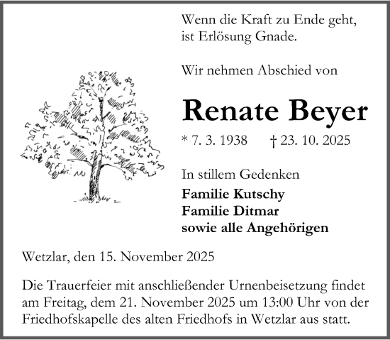 Traueranzeige von Renate Beyer von Wetzlarer Neue Zeitung