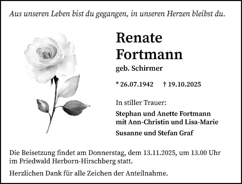  Traueranzeige für Renate Fortmann vom 10.11.2025 aus Dill Block