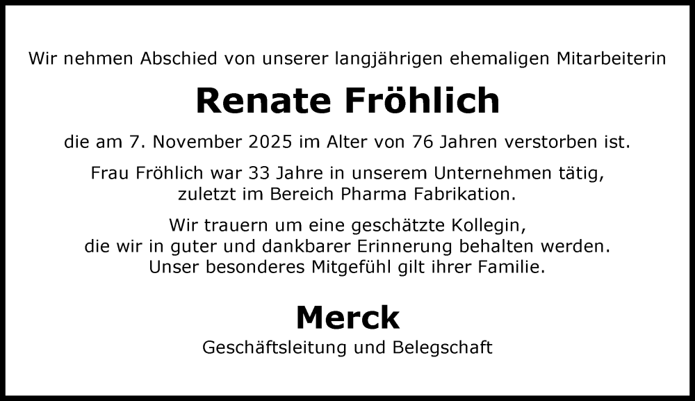  Traueranzeige für Renate Fröhlich vom 15.11.2025 aus Darmstädter Echo