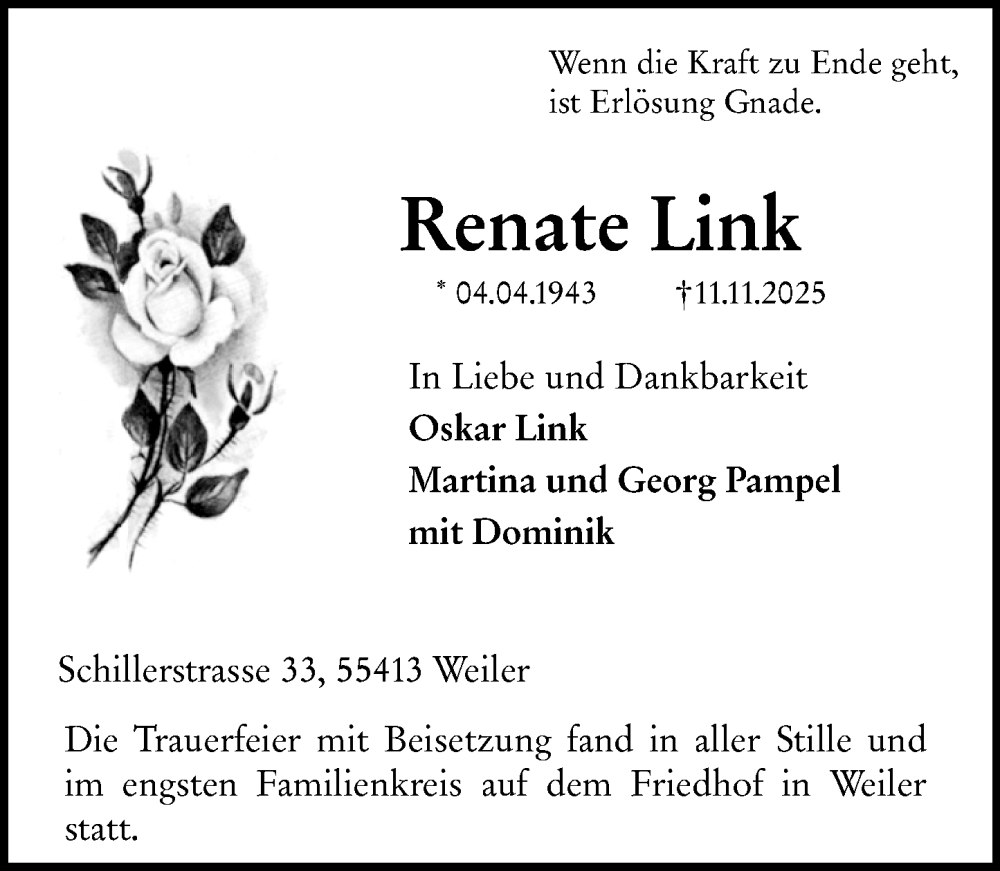  Traueranzeige für Renate Link vom 22.11.2025 aus Allgemeine Zeitung Rheinhessen-Nahe