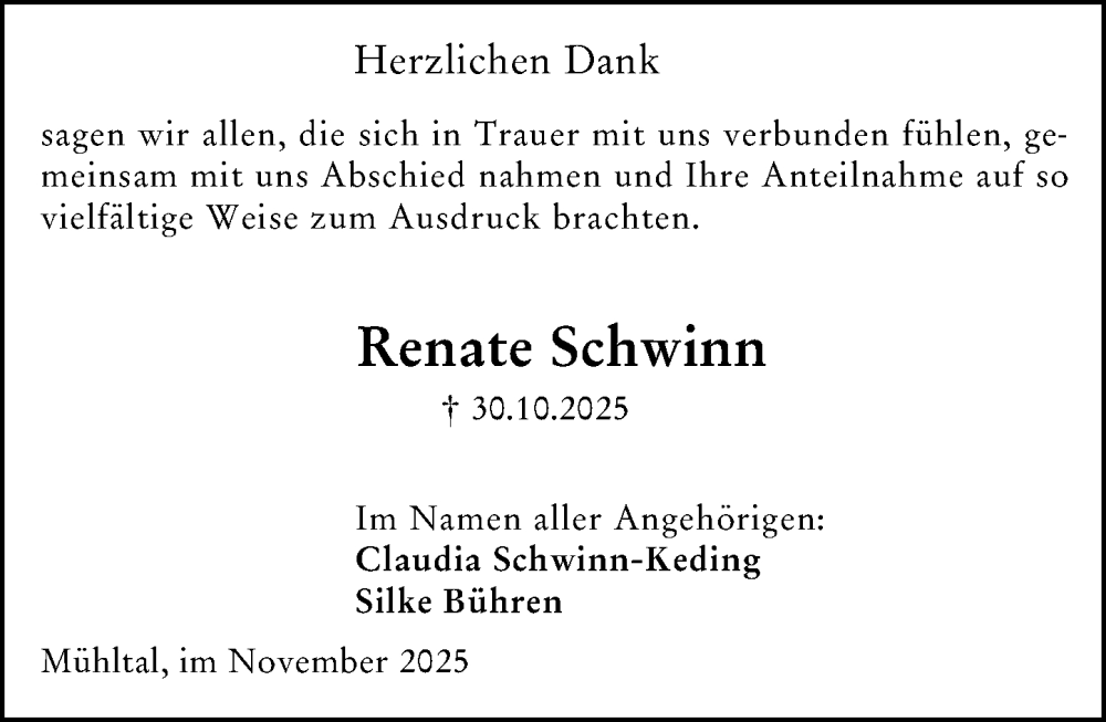  Traueranzeige für Renate Schwinn vom 22.11.2025 aus Darmstädter Echo