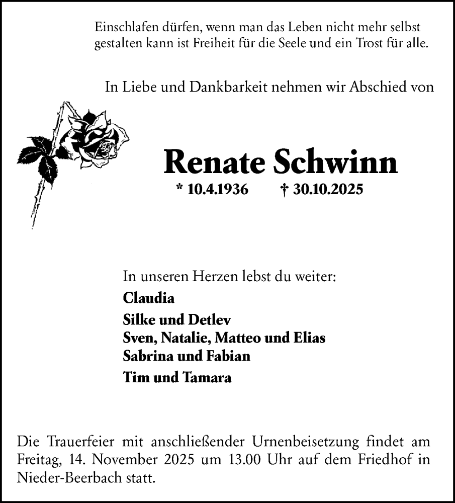  Traueranzeige für Renate Schwinn vom 08.11.2025 aus Darmstädter Echo
